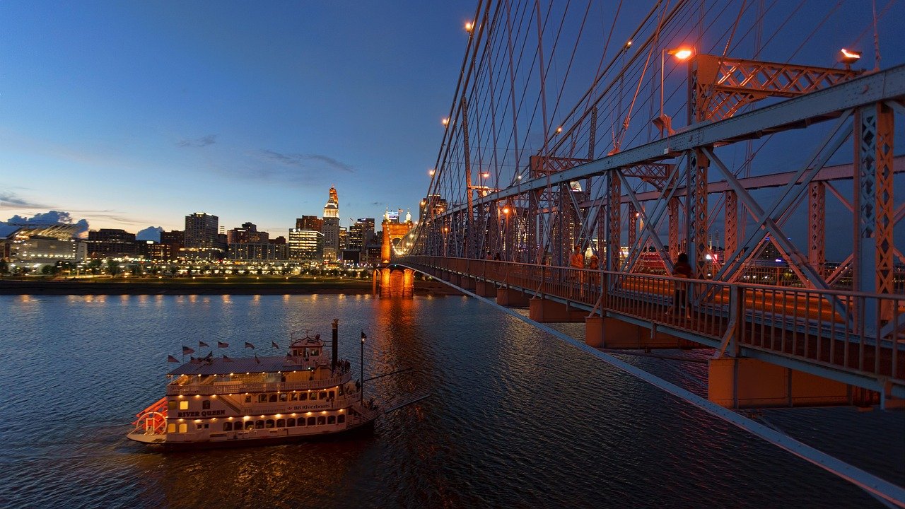 cincinnati, ohio river, bridge, sunset, blue hour, ship, steam boat, city, silhouette, metal, lights, blue, yellow, water, flow, cincinnati, cincinnati, cincinnati, cincinnati, cincinnati
